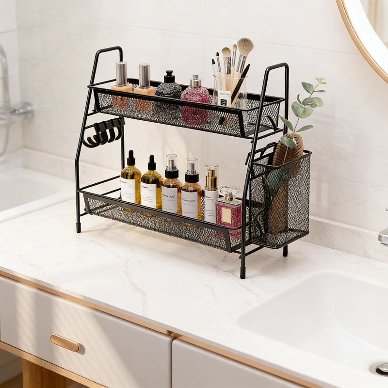 Organisateur de comptoir en grillage métallique à 2 niveaux avec panier latéral et crochets, plateau de meuble-lavabo polyvalent et étagère de rangement pour épices