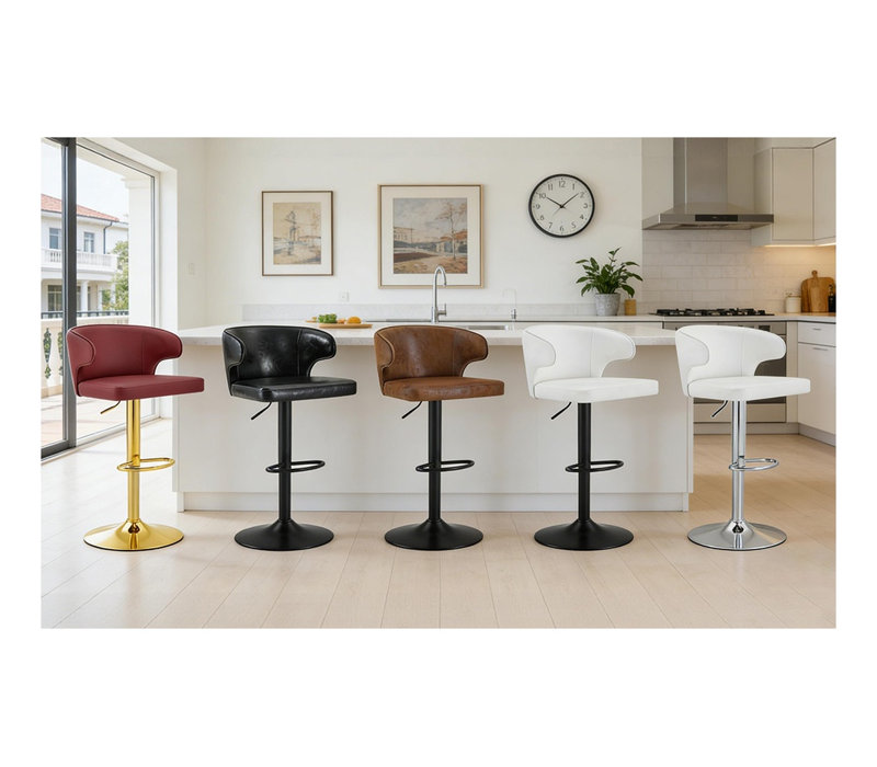 Ensemble de 2 tabourets de bar pivotants et réglables modernes, en cuir PU avec dossier haut et base en métal doré, pour îlot de cuisine et salle à manger, rouge.