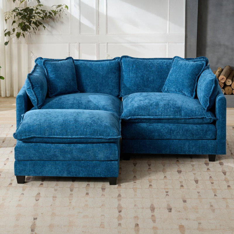 Geneveve 78"W Chenille Upholstered Loveseat Sofa With Ottoman, 4 Compressed Pillows & Compressed Foam Cushions, Blue