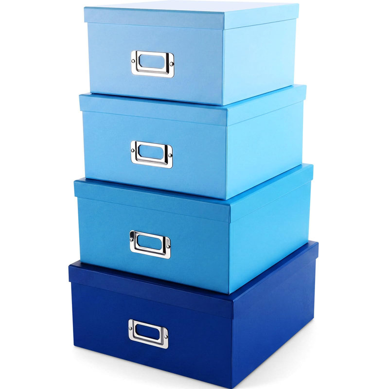 Boîtes de rangement décoratives 4 pièces avec couvercles, boîtes de rangement en papier empilables avec porte-étiquettes, boîtes à souvenirs avec souvenirs photo pour organisateur de classeur de bureau personnel (dégradé bleu)