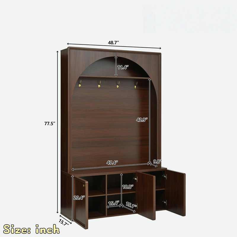 Retro Arched Hall Tree With Adjustable Shelves, Bench, Cabinets, Coat Rack And Open Shelving, Walnut
