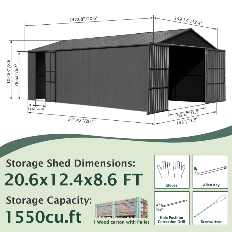 Remise de rangement extérieure pour patio, H 102,83 po x l 149,13 po x P 247,68 po