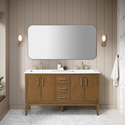 OVE Decors Kira 60 In. Double Sink Freestanding Warm Walnut Bathroom Vanity With White Engineered Stone Top And Brushed Gold Hardware