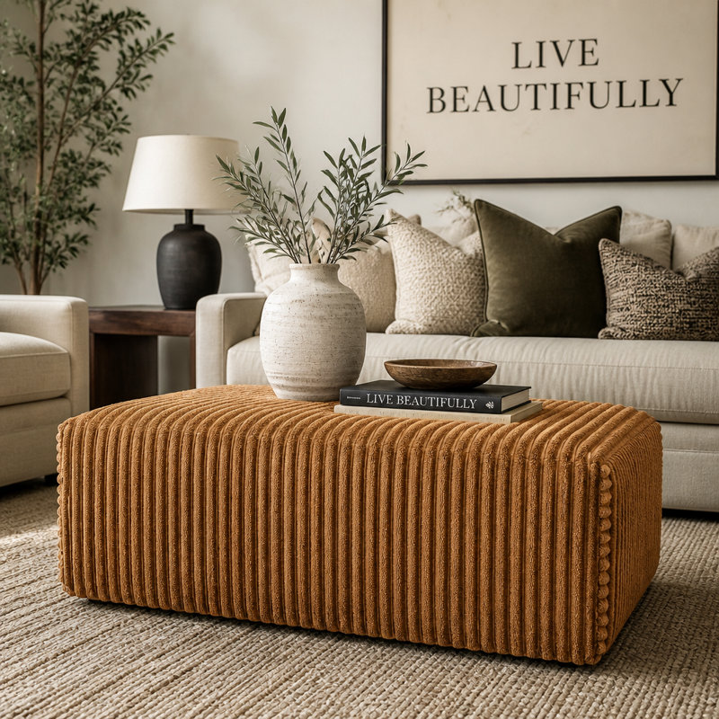 Repose-pieds en velours côtelé avec coussin à ressorts et poche latérale