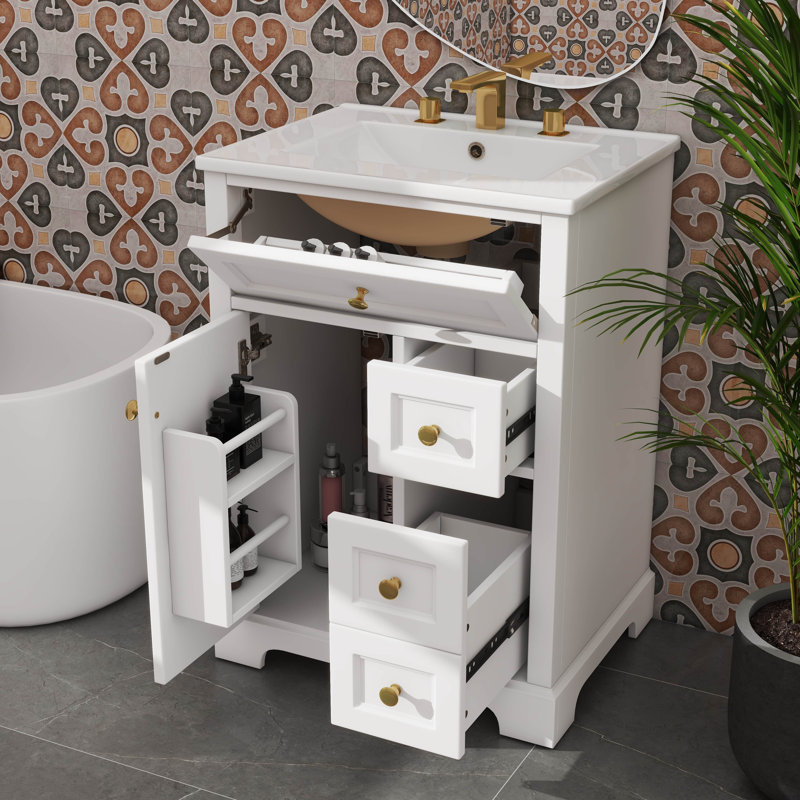 Meuble-lavabo de 24 po avec lavabo, armoire à 3 tiroirs et support de rangement à deux niveaux, Blanc