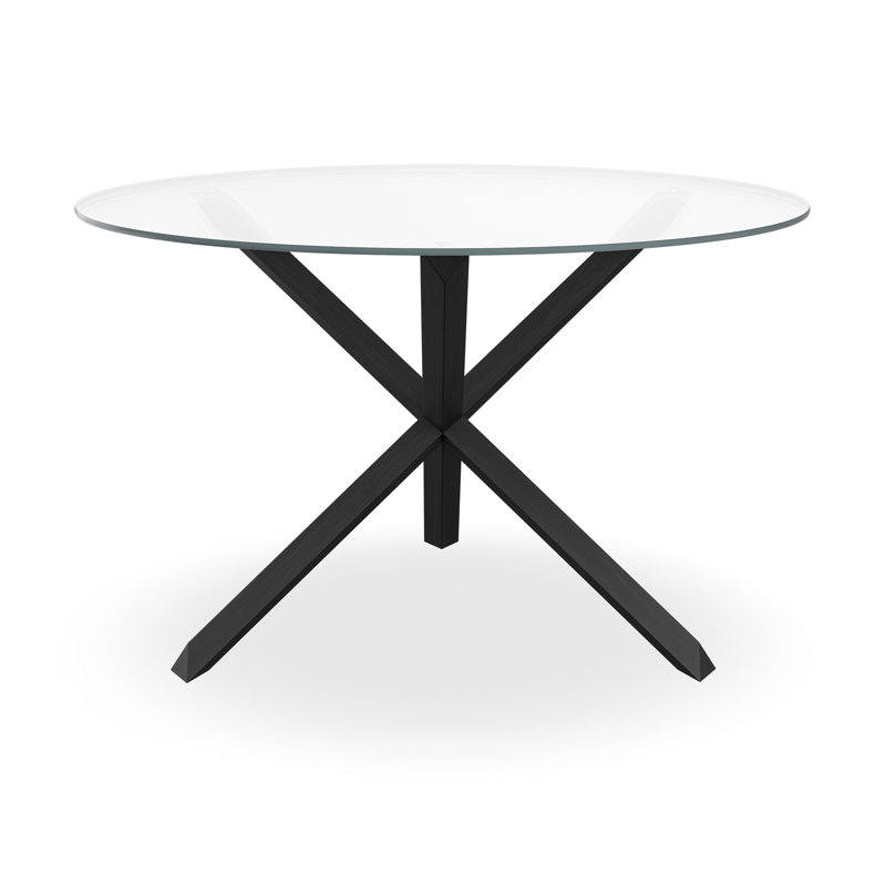 Daryen Round Glass Top Solid Wood Base Dining Table, Black