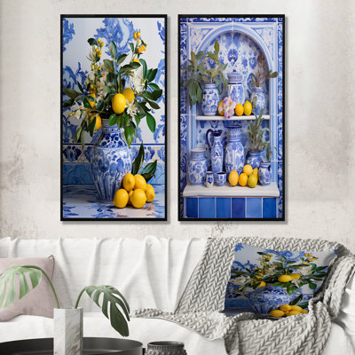 «Greek Tiles Still Life Kitchen II - Boho Pottery», ensemble de 2 reproductions d'art sur toile
