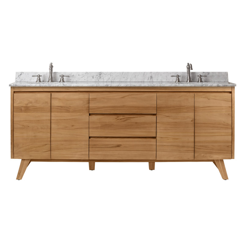 Natural Teak Double Bathroom Vanity with Marble Top