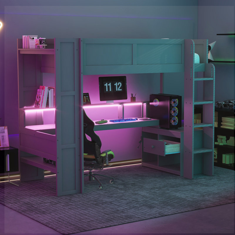 Gaming Loft Bed with Desk and Charging Station, Twin
