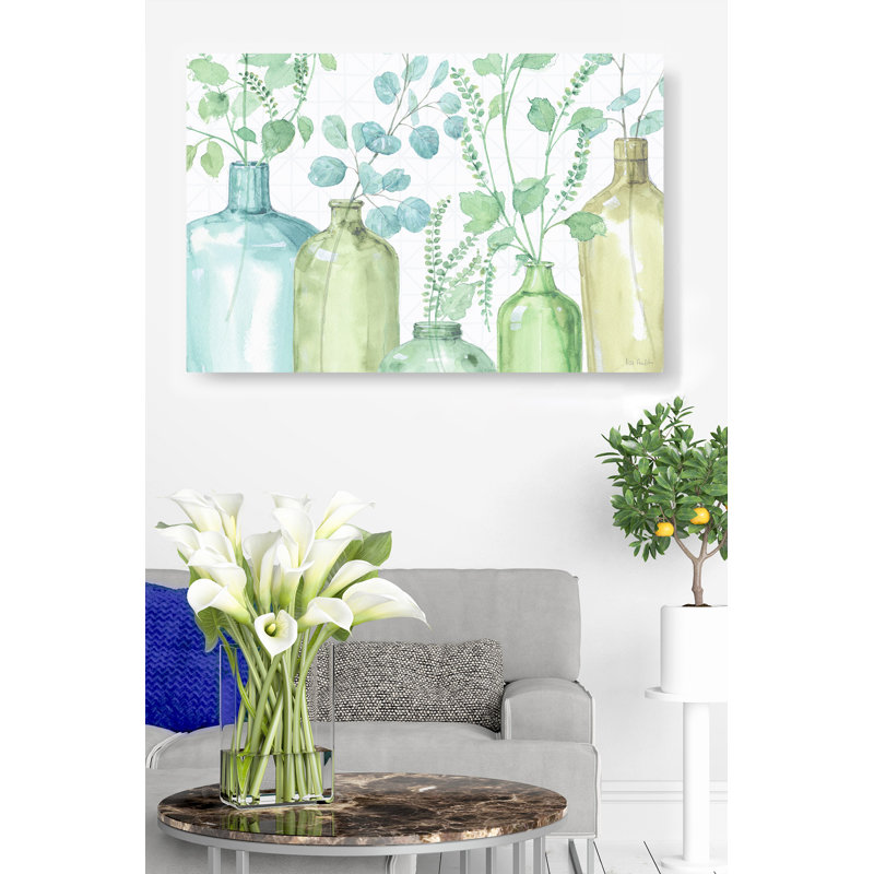 Vases et vignes, branches, bouteilles, plantes, bleu vert, brun, H 16 po x l 24 po x P 1,5 po