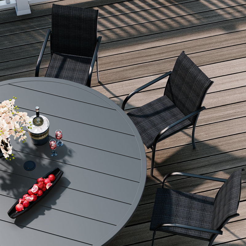 8 Person Patio Dining Set with 53" Round Metal Dining Table and 8 Stackable Textilene Chairs