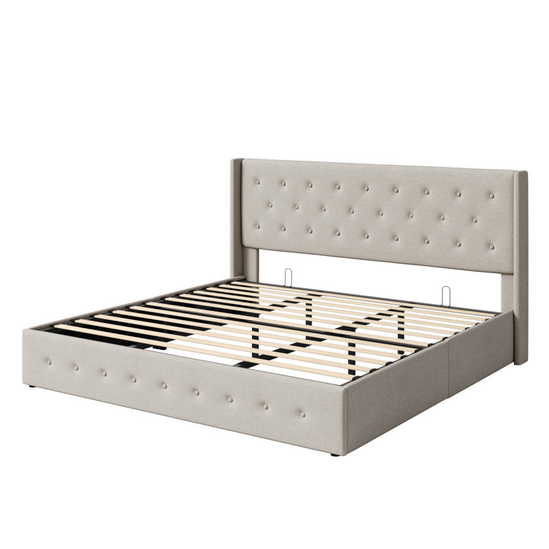 Terae Upholstered Wingback Storage Bed, King, Beige