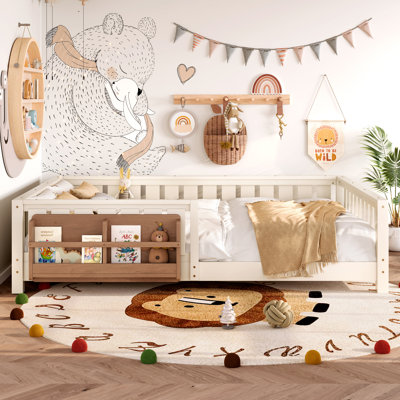 Grand lit avec bibliothèque intégrée et barrière de sécurité de haute qualité, beige