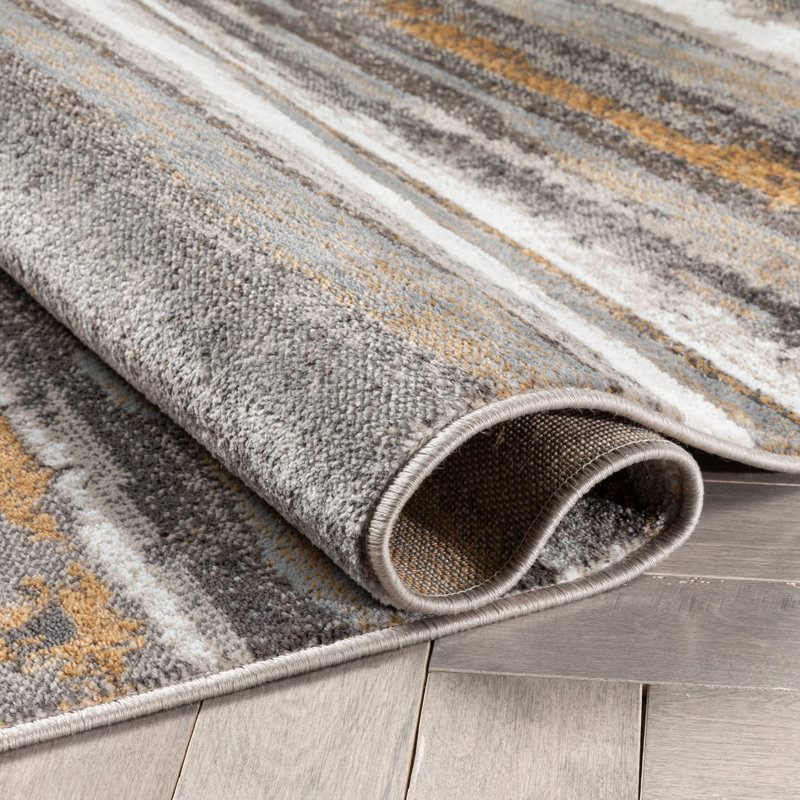 Gray Geometric Striped Polyester Runner Rug
