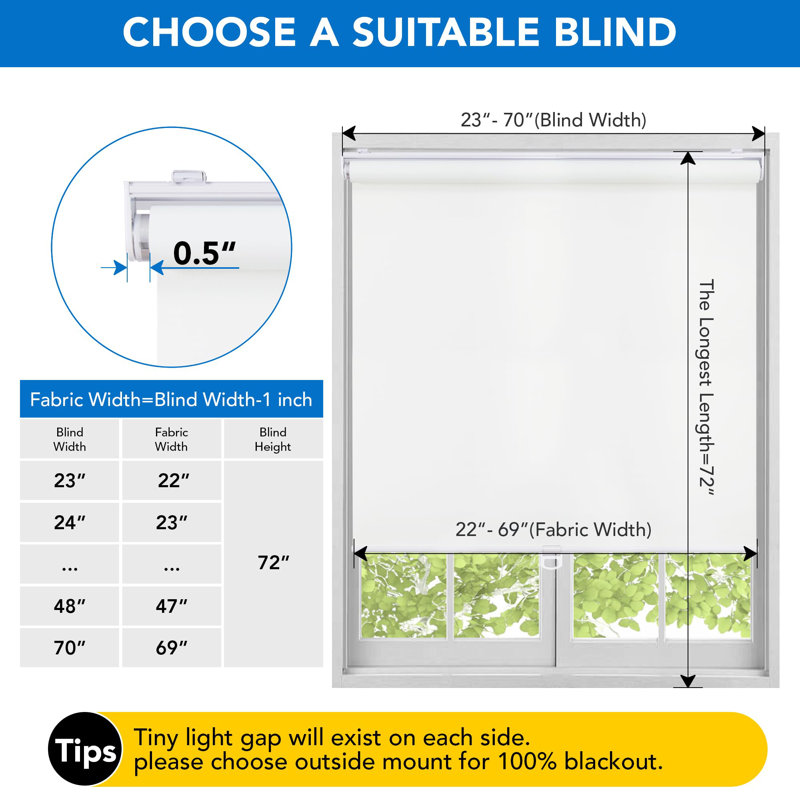 Cordless Blackout Roller Shades, 25"W x 72"L, White