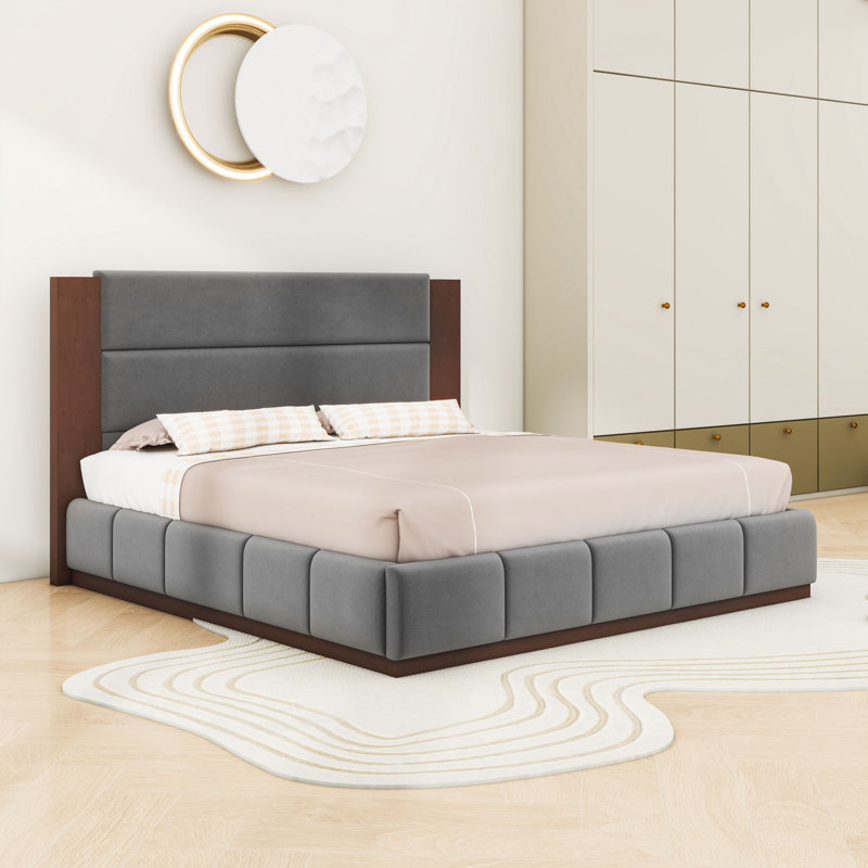 Lit plateforme tapissier avec tête de lit et pieds centraux, Gris, Très grand lit