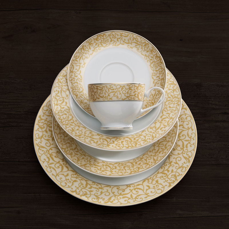 White and Gold Porcelain Dinnerware Set, Service for 8