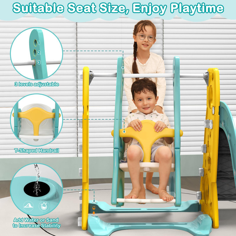 Ensemble de jeu de glissade et de balançoire pour tout-petits 6 en 1, grande aire de jeu pour enfants avec panier de basketball pour enfants