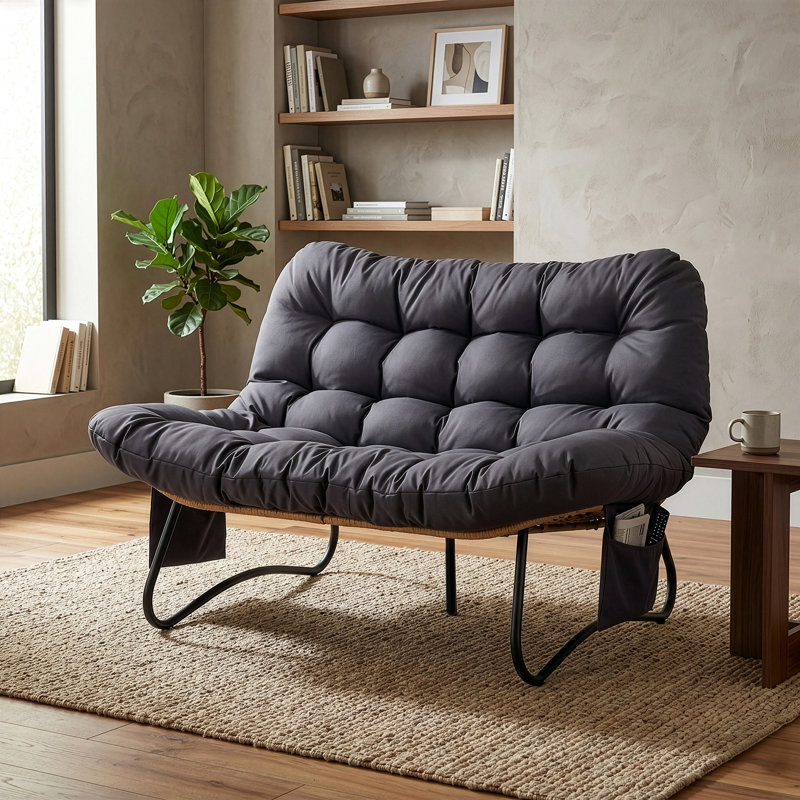 Oversized Double-Person Papasan Loveseat With Side Pockets, Gray