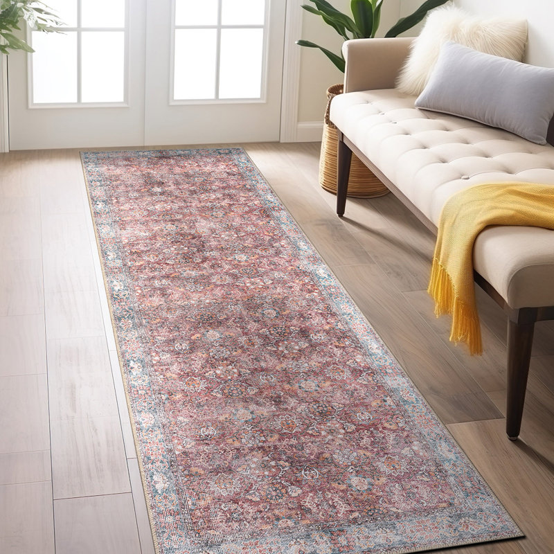 Transitional Bordered Vintage Machine Washable Non Slip Area Rug, Runner 2'6" x 10'
