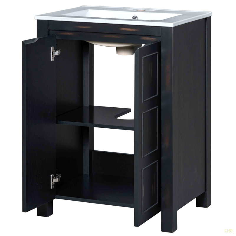 Petit ensemble de meuble-lavabo de style rétro 24 po x 18 po x 34 po avec lavabo en céramique et 2 portes à fermeture en douceur
