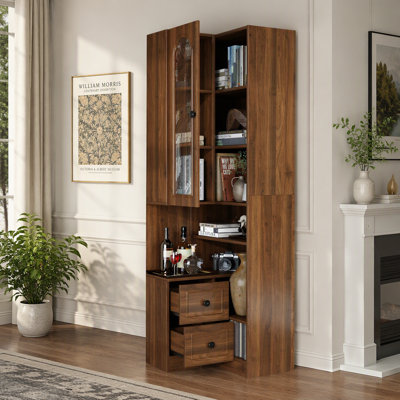 Bibliothèque d'angle moderne avec porte en verre arquée, bibliothèque haute à 6 niveaux avec 2 tiroirs, armoire d'angle multifonctionnelle pour le salon, le bureau personnel et la salle à manger