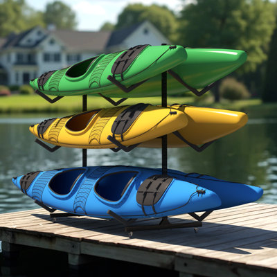 Launda 3-Level Freestanding Adjustable Kayak Rack With Padded Arms And Lockable Wheels