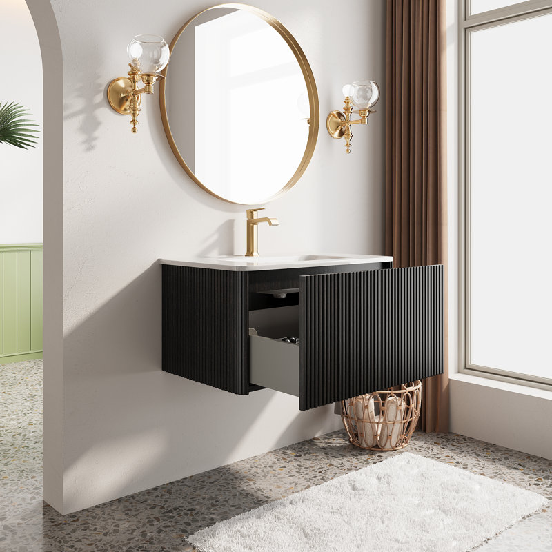 Wall Mounted Floating Single Vanity with Ceramic Sink, Black, 30"