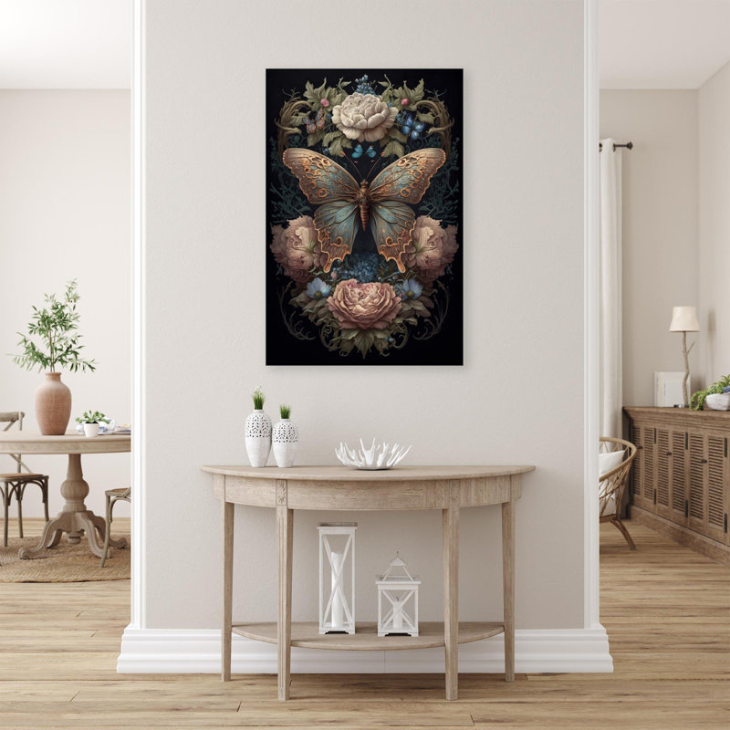 Pivoines et papillon - impression sur toile tendue, H 14 po x L 11 po x l 1,25 po