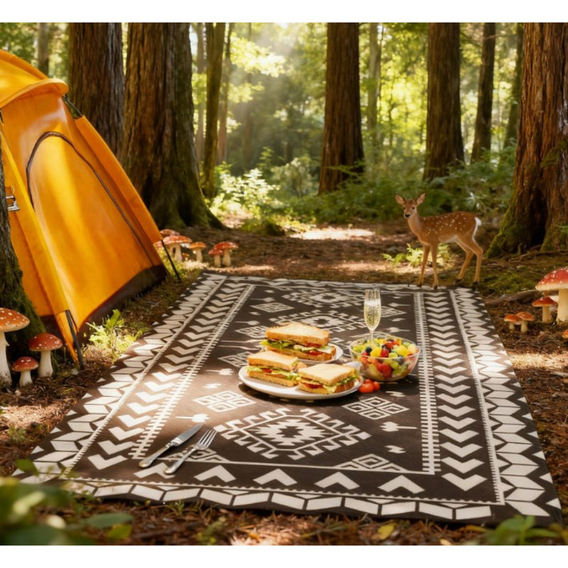 Tapis réversibles de grande surface, tissu de polypropylène de qualité supérieure, patchwork noir et blanc pour la terrasse de camping extérieure