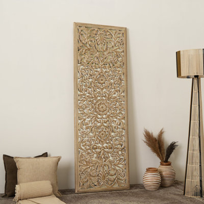 Mandala, art mural | Décoration murale rectangulaire sculptée à la main en bois de manguier massif avec miroir | 24 x 72 po | Décoration de plancher