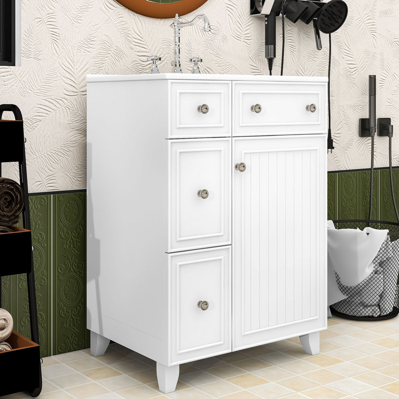 Meuble-lavabo simple autoportant avec deux tiroirs de rangement et lavabo en céramique Olguin, Blanc
