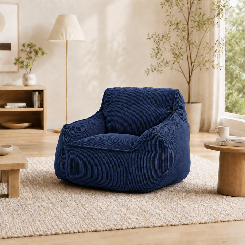 Fauteuil à billes géant en velours côtelé avec accoudoirs et très grand canapé confortable, Bleu