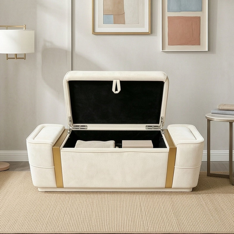Banc coffre ottoman rembourré avec compartiment caché avec couvercle relevable, Beige