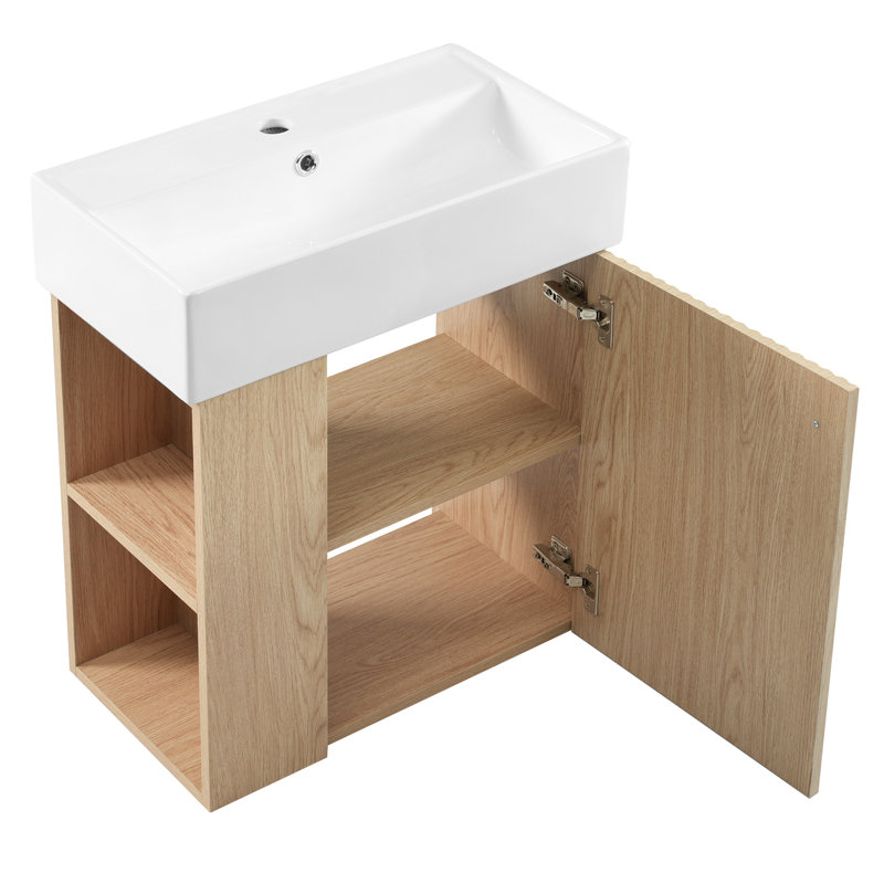 21.6" Modern Floating Single Bathroom Vanity with Ceramic Top and Left Side Storge, Black, Tan