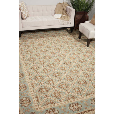 Tapis beige / bleu en laine crocheté à la main Adelia