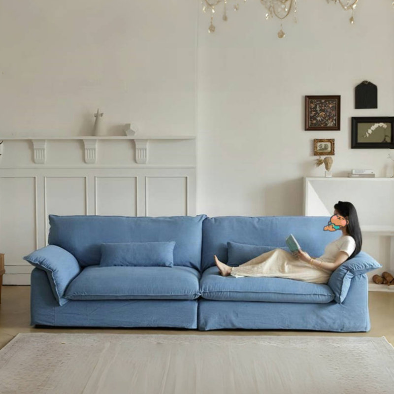 Retro Washable Double-Arm Soufflé Straight Sofa, Blue