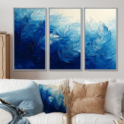 Palmiers en velours bleu harmonie III - art mural grand plumes - 3 panneaux