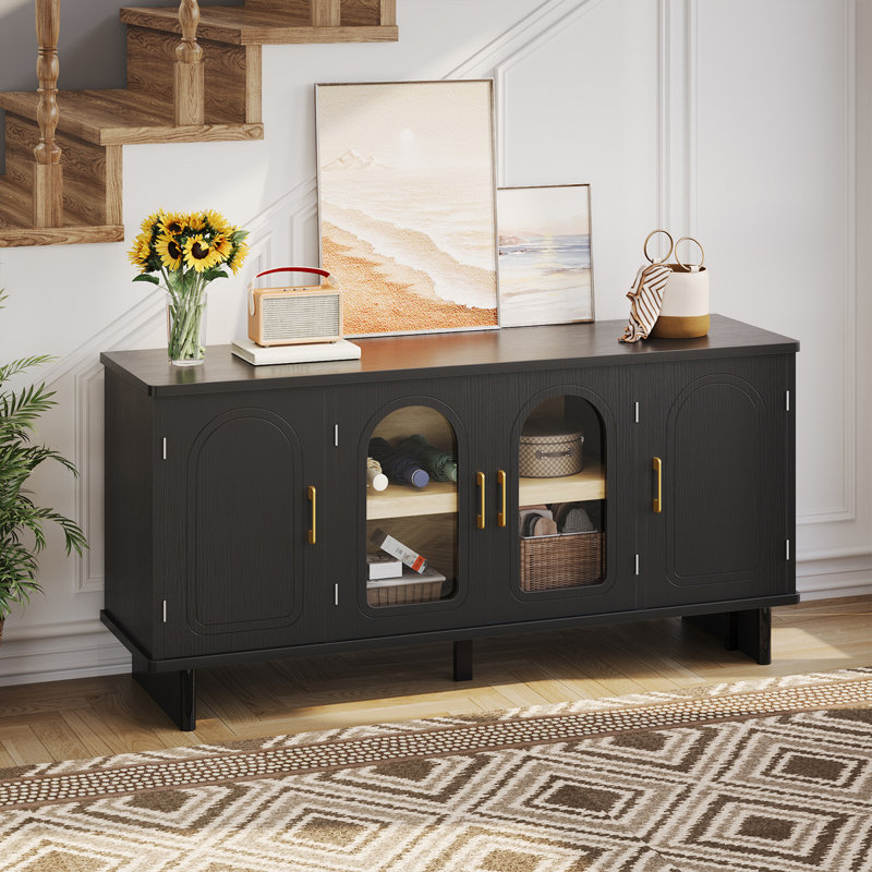 Mid-Century Modern TV Stand with Storage, TV Console Table with Glass Doors for Living Room, Black