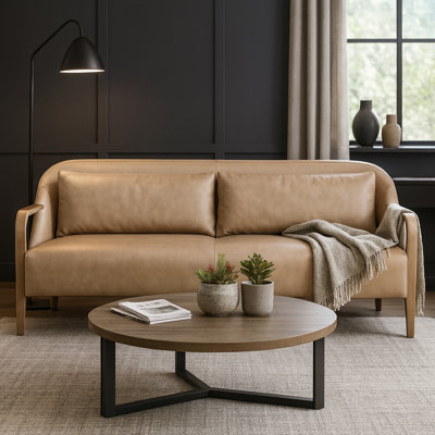 Luxury Sofa Couch And Loveseat Combo With Wood Arms - Mid Century Modern Leather Sofa Perfect For Indoor Or Outdoor Home Decor - 87", Tan