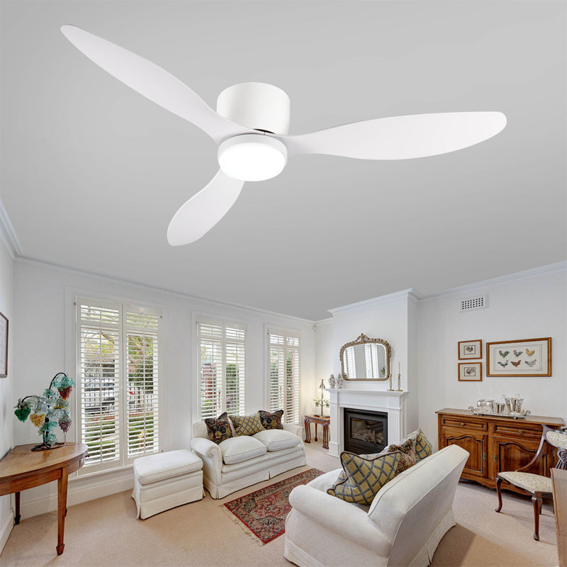 52" Smart Flush Mount Ceiling Fans With Lights Remote, Ancient White, White