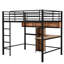 Lit mezzanine double avec métal et bois - noir et brun, structure durable, tablettes de bureau en L, espace sous le lit, gardé, aucun sommier nécessaire