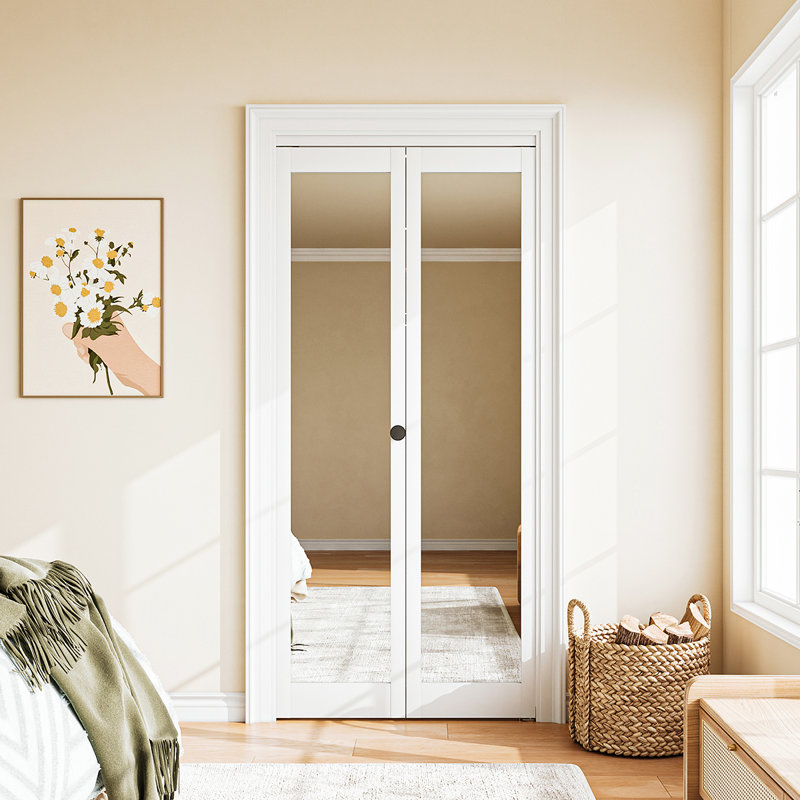 1 porte de garde-robe en bois manufacturé à double miroir pliable avec trousse d'installation 24 po x 80 po, 24' x 80'