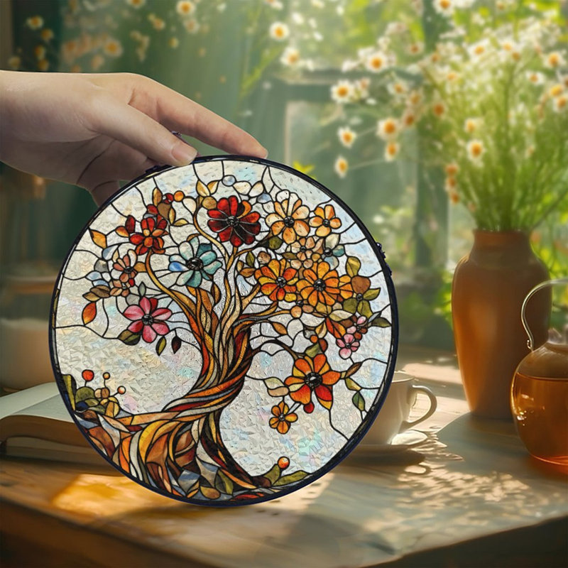 Vitrail arbre de vie vitrail pour fenêtre, 3,5 x 3,5 po (9 x 9 cm)