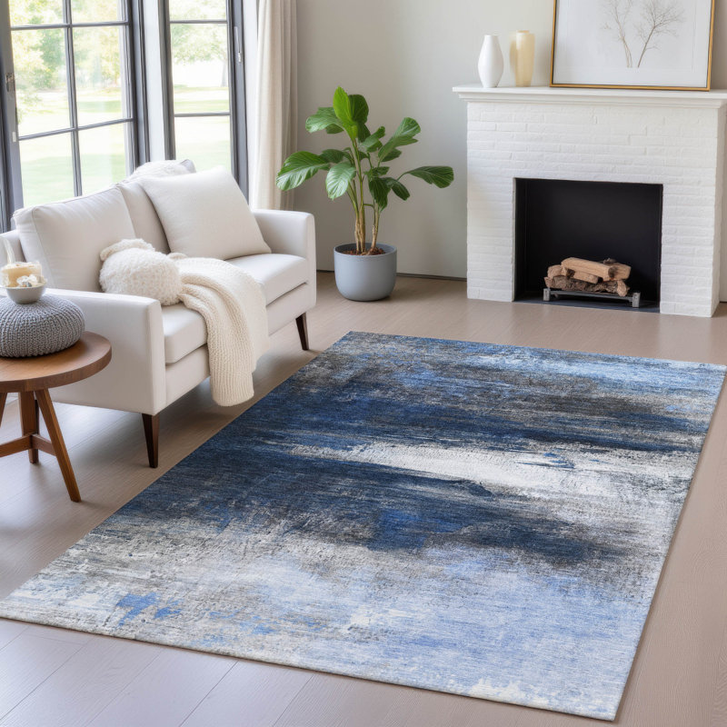 Machine Washable Indoor/Outdoor Xhevrie Navy Rug, Rectangle 3' x 5'