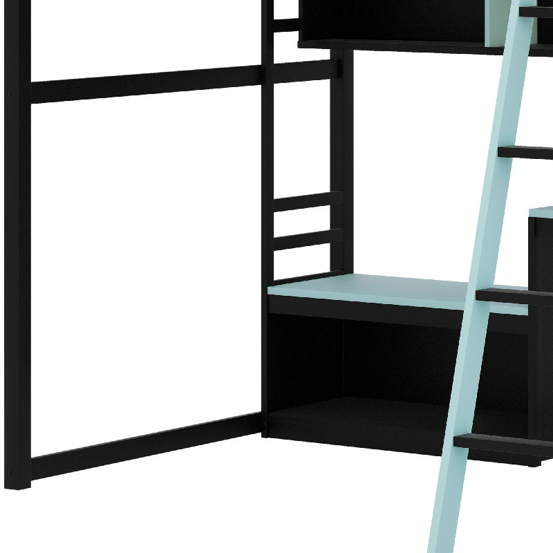 Lit mezzanine en bois avec bureau, Noir / Bleu