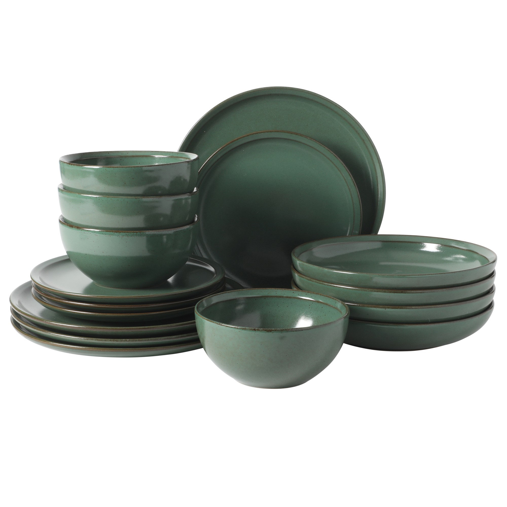 Gibson Elite Beckett Stoneware Reactive Glaze 16 Piece Plates and Bowls Dinnerware Set, Green