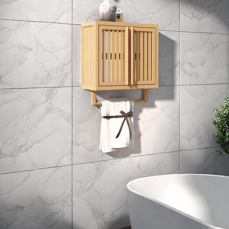 Armoire de salle de bain murale en bambou peu encombrante avec barre à serviettes et rangement caché