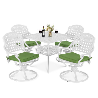 Ensemble de salle à manger d'extérieur 5 pièces Bloomsbury Market, ensemble de conversation en aluminium coulé résistant aux intempéries, ensemble de meubles de patio pour la cour arrière, comprend 4 chaises berçantes pivotantes, une table carrée