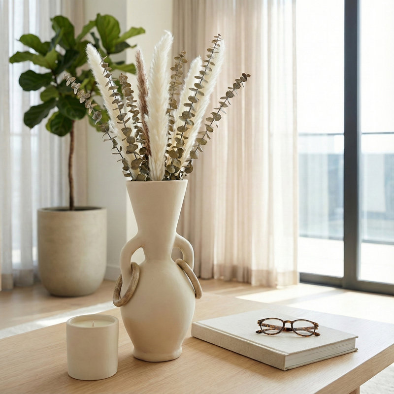 Sculptural Pottery and Ecomix Vase with Artistic Looped Handles and Handcrafted Form, 14" H x 7" W x 7" D